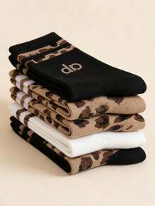 3 Pairs Women's Leopard & Striped Pattern Mid-Calf Socks, Fashion Classic Comfortable Soft Breathable, Versatile For Daily Wear, All Seasons - Multicolor - View 6