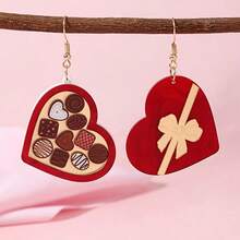 1 Pair Of Daily Fun Chocolate Heart-Shaped Jewelry Box Earrings With Acrylic Color Printing And Creative Bow-Shaped Heart Jewelry Box. Asymmetrical Earrings. Valentine's Day Gift For Your Girlfriend. Women's Stylish Drooping Earrings. Acrylic Material. Gift For Girlfriend At Valentine's Day Party, Vacation. - 紅色 - 查看 3