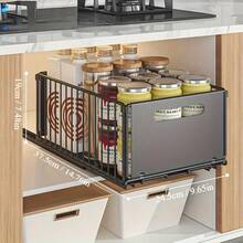 2pcs Pull-Out Sink Organizer Rack, Durable Metal Sliding Storage Drawer, Large Capacity Dual-Layer Organizer Rack, Suitable For Kitchen And Dining Table, Kitchen Storage And Organization, Kitchen Accessories - Black - View 3