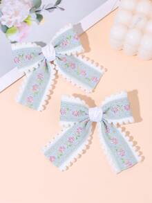 2pcs Flower Embroidery Hair Bows For Girls Pastel Pink Blue Green Embroidery Flower Bow Hair Clips Cute Pom-Pom Trim Bow Alligator Clips Girls Daily Wedding Party Barrettes Baby Hair Accessories - Multicolor - View 7
