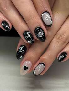 24片装短款杏仁形假指甲，黑色法式爱心蝴蝶结设计，尖头美甲，可爱铬合金亚克力按压式美甲凝胶美甲套装（附赠：一片果冻胶和指甲锉），适合女性日常约会派对美甲。 - 彩色 - 查看 1