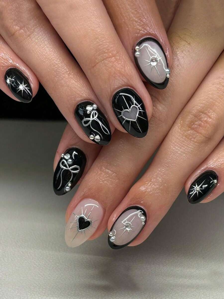 24片装短款杏仁形假指甲，黑色法式爱心蝴蝶结设计，尖头美甲，可爱铬合金亚克力按压式美甲凝胶美甲套装（附赠：一片果冻胶和指甲锉），适合女性日常约会派对美甲。 - 彩色 - 查看 1