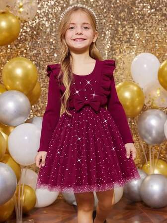 女童长袖珍珠装饰荷叶边肩部蝴蝶结亮片网眼下摆公主裙，酒红色，甜美优雅，适合派对、节日、表演、春秋季