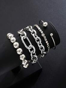 5pcs Vintage Exaggerated Minimalist Old Coin Design Layered Chunky Chain Beaded Bracelet Set, Suitable For Date, Vacation, Daily Wear, Party, Holiday Gift For Women - Silver - View 2