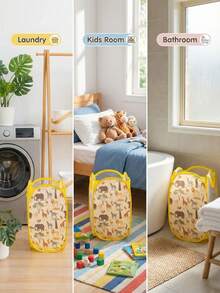 1个印花立式洗衣篮、1个可折叠婴儿房收纳篮和1个儿童玩具分类收纳篮，适合存放新生儿衣物、玩具、娃娃、球池、积木等。1个可折叠网状弹出式洗衣篮，透气、结实、可折叠且节省空间，适合洗衣和存放新生儿用品，方便携带；另含1个可折叠弹出式网状旅行篮。（印花图案位置不固定） - 立式髒衣籃 - 查看 5