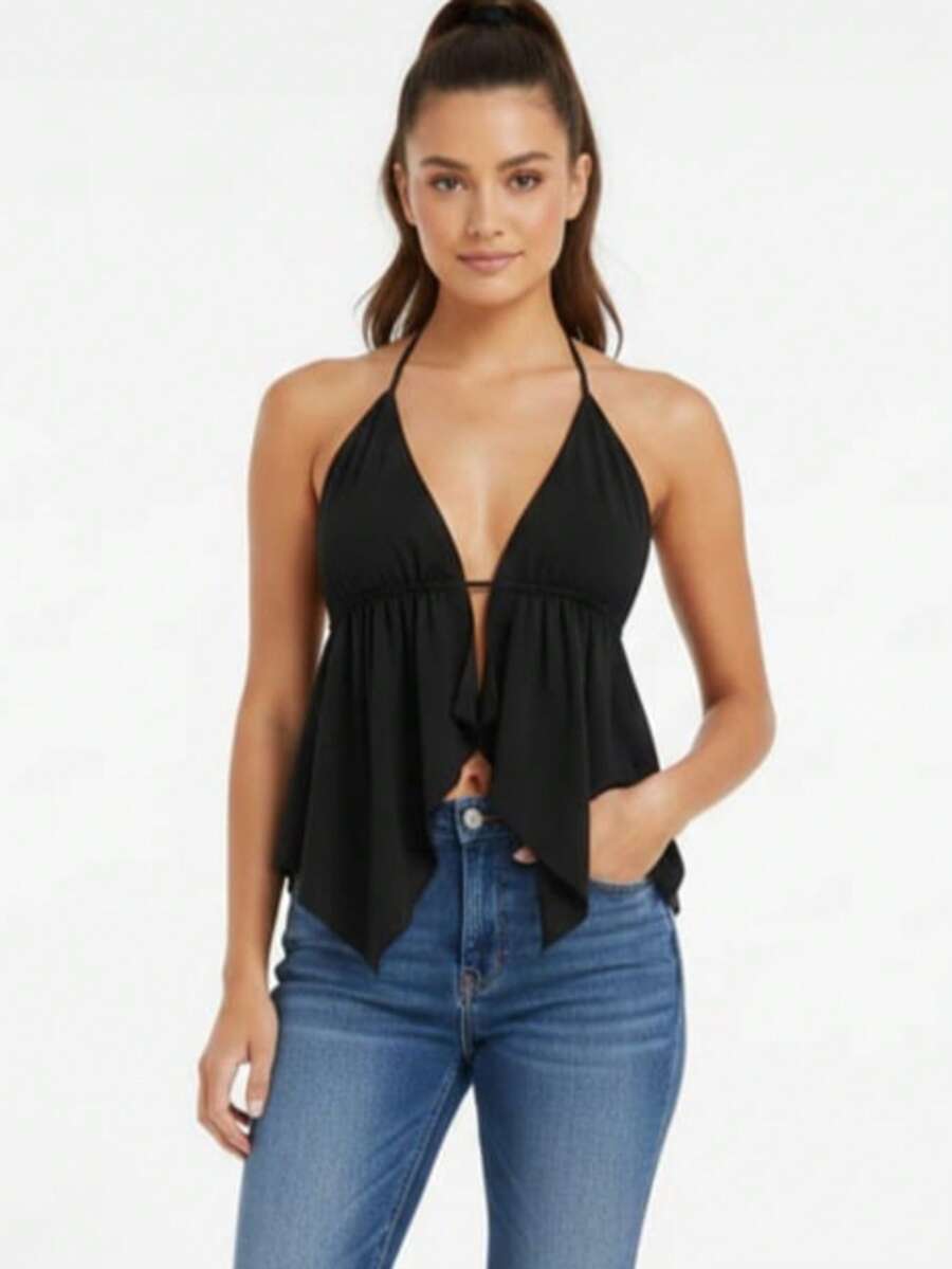 Women's Cropped Halter Top With Straps And Back Tie. Knit Fabric. Open Back. Drawstring. Nightwear. - Black - View 1