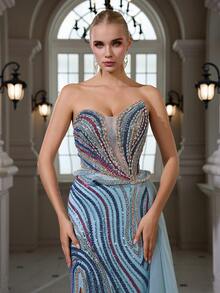 Striped Sequins Pattern Beaded Sequin Embroidered Elegant Sexy Off Shoulder Bodycon Mermaid Maxi Dress, Suitable For Cocktail, Wedding, Formal Party Spring - Blue - View 3