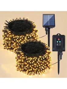 2 Packs Solar Powered Outdoor String Lights, 100/200 LED Solar Powered Christmas Lights Per Pack, With Remote Control And Timer, 8 Flashing Modes, Waterproof, Suitable For Trees, Garden, Patio, Christmas, Party (Warm White) - Warm White - View 1