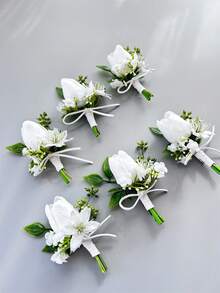 1支/6支装人造PU郁金香新郎胸花男士兄弟腕花毕业别针西装婚礼鲜花派对装饰 - 白色 - 查看 9