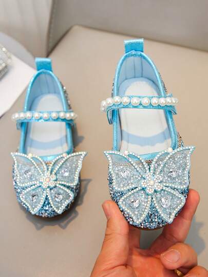 1 par de zapatos de princesa para niñas con mariposas multicolor y decoración de strass, zapatos de suela blanda con perlas, dulces y lindos para primavera, verano, fiesta de cumpleaños, actuación en el escenario