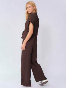 KATCH ME Women's Versatile Collared Rolled-Up Short Sleeve Top & Wide Leg Trousers Co-Ord, Soft Womenswear For Spring & Summer - Brown - View 2