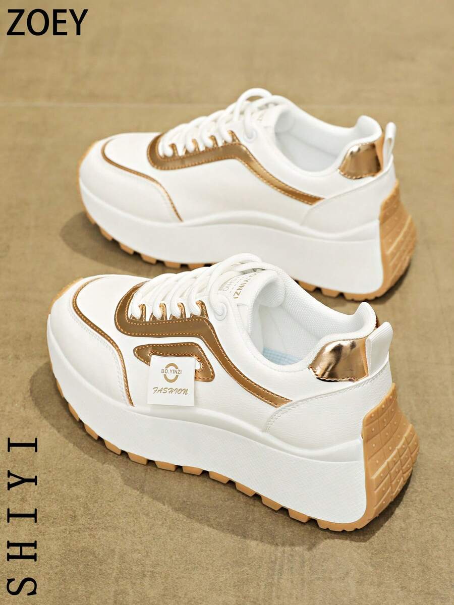 Spring, Summer, Autumn, Winter 2025 New Thick Soled Chunky Sneakers, Women's Breathable Mesh White Shoes, Versatile Casual Sports Shoes - Gold - View 1