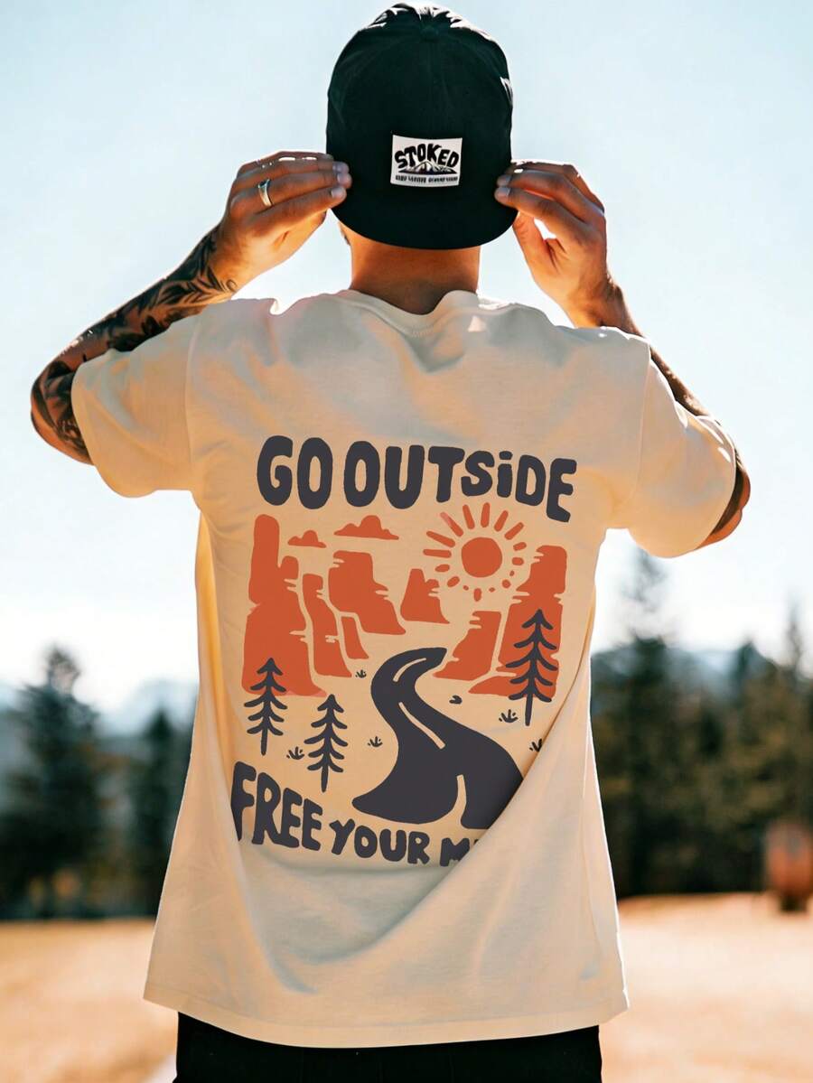 男士休闲度假风印花短袖T恤，舒适透气，夏季必备 - 杏色 - 查看 1