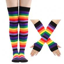 European And American Rainbow Long Socks High Tube Socks Cotton Over-The-Knee Socks Women Colorful Striped Gloves Cross-Border Party Props Set CV5M - 黃色口4/手+腳 - 查看 8