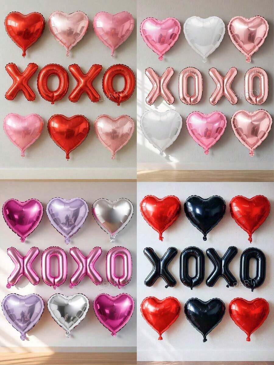 10pcs/Set Valentine's Day Party Decorations, 16" Red/Pink/Rose Gold/Black "XOXO" Letter Balloons, 18" Red/Rose Gold/Pink/White/Light Purple/Black Foil Heart Shaped Balloons, Create Gals Party, Family Day, Galentines Day Party Decor, Anniversary, Confession, Photo Backdrop, Selfie Props, Singles Party, Proposal, Love Expression Decorations - 彩色 - 查看 1