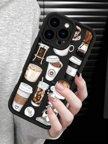 1pc Luxury Durable Healing Coffee Theme 2D Pattern Full Coverage Anti-Slip Soft TPU Phone Case, Compatible With Apple 17, 16, 15, 14, 13, 12, 11 PRO/PRO MAX/PLUS And Galaxy Series, Suitable As Gifts For Couples, Best Friends, Office, New Year, Valentine's Day, Easter, Ramadan - Black - View 3