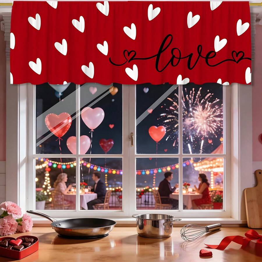1pc Valentine's Day Kitchen Curtains - Classic Farmhouse Rod Pocket Style With Red Hearts & Love Decor, Romantic Window Treatment For Country Homes - Multicolor - View 1