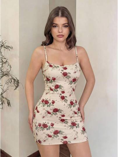 Vestido mini camisero con estampado de rosas rojas de flores, vestido ceñido sexy y lindo para cita nocturna para mujeres