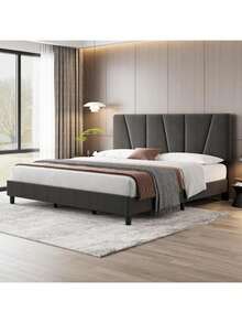 Marco de cama con acolchado de terciopelo y cabecero ajustable, cama plataforma con remates y listones de madera resistentes, no necesita colchón de muelles, fácil de ensamblar - Gris oscuro - Tamaño king - Ver 4