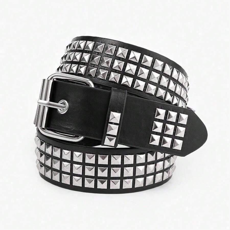 New Punk, Pyramid, Cybery2k Subculture, Gothic, Square Bead Rivet Belt, Waist Belt, Fashionista's Preferred Product - Black Belt With Silver Pyramid - View 1