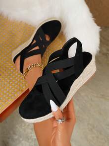 Women's Elegant Slip-On Platform Wedge Sandals, Suitable For All Seasons - Black - View 8