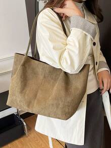 1pc Women's Faux Suede Tote Bag, Large Capacity, Extra Large Size, Scratch-Resistant , Can Hold Passport, Cash, ID, Credit Cards, Lightweight, Suitable For Commuting/Casual Outings, Solid Color Fashion - Green - View 2