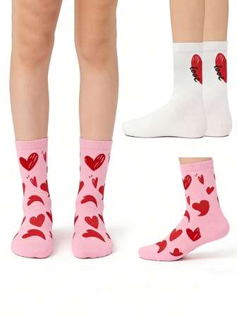 1/2/4 双情侣爱心图案黑白红舒适百搭中筒袜，情人节礼物