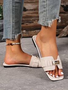 New Spring/Summer Fashion Casual Strap Slide Sandals, Comfortable Flat Heel Round Toe Slip-On Beach Slippers, Versatile Decorative Flat Sandals For Summer - Beige - View 4
