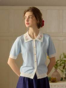 Simple Retro 女士春夏新款刺绣撞色彼得潘领纽扣优雅复古休闲开衫衬衫，温柔优雅，适合工作、面试等场合，法式时尚夏季上衣 - 藍色 - 查看 7