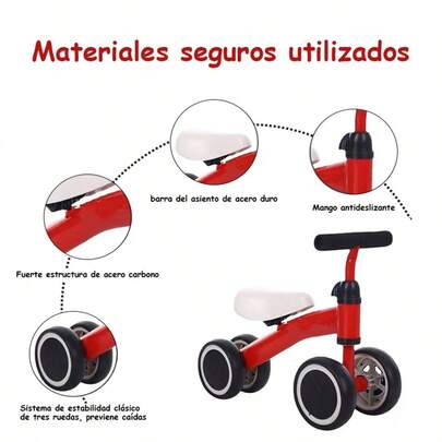 Bicicleta sin Pedales Roja para Niños de 1 a 3 Años, Triciclo sin Pedales con Marco de Acero al Carbono, Ruedas Antideslizantes de PU Silenciosas, Juguete para Niños para Interiores y Exteriores