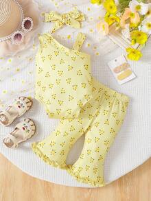 女婴无袖蝴蝶印花连体衣，搭配同款短裤，时尚独特新款 - 黃色 - 查看 2