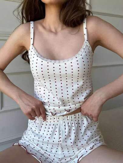 2pcs Women Elegant Lace Patchwork Heart Print Camisole Top And Shorts Pajama Set