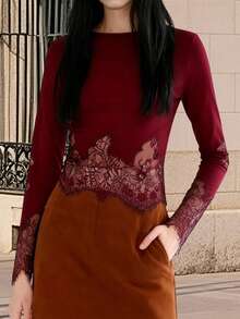 Blusa de encaje con cuello redondo y manga larga para mujer, corte ajustado, para fiesta, primavera y verano - Rojo - Ver 5