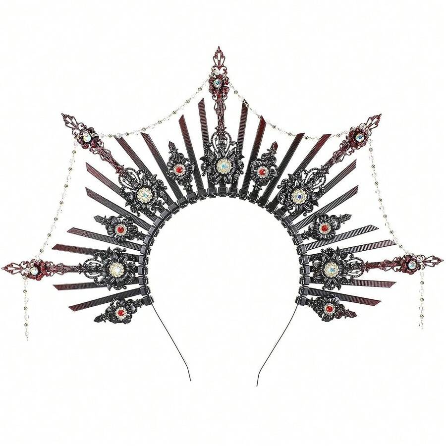 Sunburst Goddess HA 11LO Crown - Sun Flower Headpiece Virgin Mary Goddess Headband For Women Renaissance Costmue - 黑紅配流蘇 - 查看 1
