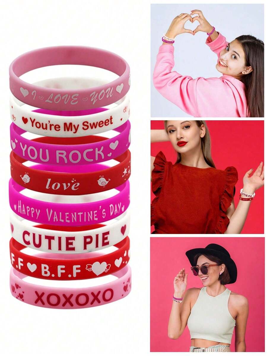 16Pcs Valentine's Day Bracelet Wristband, Small Presents Party Supplies Silicone Bracelet,Pink Red Heart Accessories Gift Rubber Bracelets,Valentine's Day Silicone Wristband Set Silicone Bracelets Silicone Wrist Jewelry For Festival Wristbands Decor Party School Supplies Valentine's Day Gifts Valentine's Day Decorations Party Favors - Multicolor - View 1