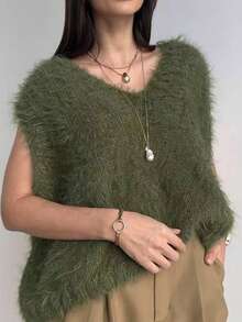 Fashionable Casual V-Neck Green Fine Velvet Knit Sweater - Dark Green - View 3