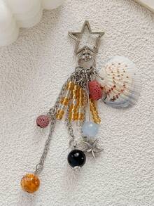 1个手工制作的海星贝壳包饰，浪漫复古金色串珠吊坠，海洋风钥匙扣 - 銀色 - 查看 2