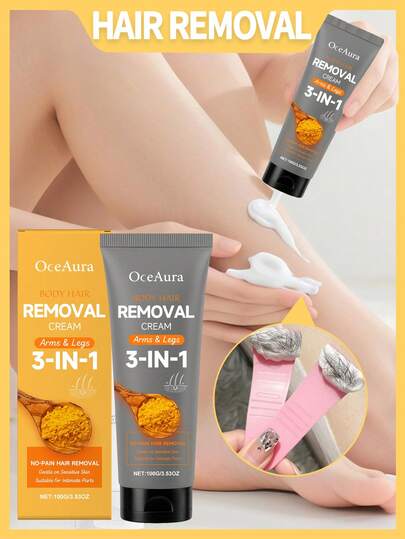 OceAura 1盒（100克）无痛姜黄脱毛膏，适用于腋下和大腿。清洁并温和呵护肌肤。适合日常脱毛，男女皆宜。小巧便携，方便旅行携带。