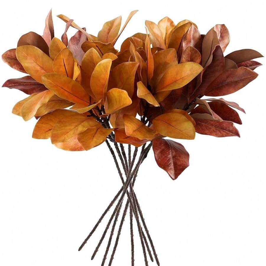 Artificial Fall Magnolia Leaves Stems 8 PCS, Fall Decorations For Indoor Outdoor Halloween Than1ks 1giving Farmhouse Arrangement Decorations For Front Door Wedding Centerpieces In Autumn - 25q-gz-ssyly(8件) - 查看 1