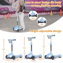 Kids 3 Wheel Electric Scooter Foldable, Lean-To-Steer, Thumb Throttle, LCD Screen, Light-Up Wheels & Deck, 3 Adjustable Heights, 6.5" Wheels, 5 MPH, Gift For Boys & Girls - Blue - View 3