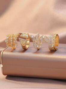 Mixed Design Open Ring - Women's Gold-Tone Crystal Butterfly/Geometric Ring | Stackable Personalized Jewelry, Suitable For Daily And Occasions - Gold - View 3