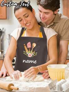 1pc Customized Printed Fashionable Apron - Unisex Sleeveless Nordic Style Kitchen Apron, Customized Black Cooking Apron, Modern Polyester Waterproof Apron, Customized Kitchen Apron, Customized Fun Cooking Kitchen Apron, Customized Cooking Utensils, Washing Gloves - Multicolor - View 3