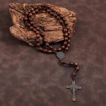 Rosary Beads Catholic For Women Handmade Wooden Catholic Rosay With Jes 1us Christ Crucifix Cross Real Healing Wooden Rosary Beads Yoga Meditation Prayer Bead Necklace - Gray - 查看 6