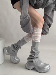 1 Pair Spring/Autumn New Korean Style Mesh Ballerina Patchwork Leg Warmers, Light Gray/White/Black Knitted Flared Leg Warmers, Y2K Subculture Hot Girl White Thigh High Leg Warmers - Multicolor - View 10