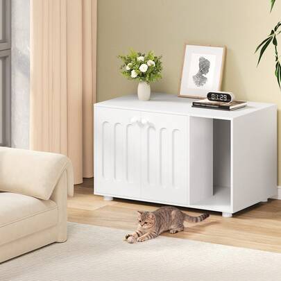 Hzuaneri Cat Cabinet, Litter Box Cabinet, 80 X 48 X 51 Cm, Cat House With Door And Separate Partition, Modern Design, Sturdy Cat Cabinet With Feet, White