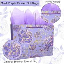 13\ Gold Purple Flower Gift Party Bags For Monther's Day,Happy Birthday Gift Bag With Tissue Paper Greeting Card For Women' Birthday Party, Wedding,Anniverss - 金紫色 - 查看 4