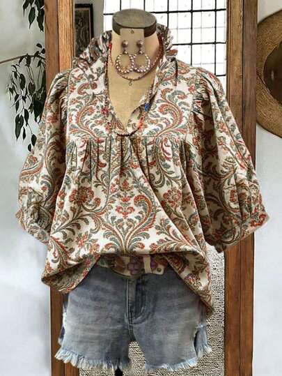 女士复古3D立体印花宽松短袖荷叶领大码衬衫，春夏款