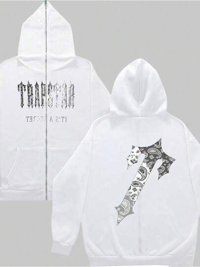 Men's Zip-Up Hoodie Casual Streetwear Black Sweatshirt With Trapstar Graphic Print And Oversized Letter Design