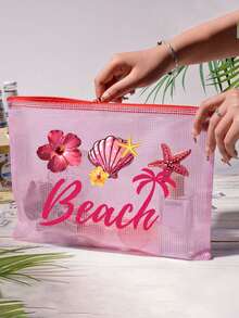 時尚防水PVC海灘包，附「Beach」貝殼圖案，A4尺寸，透明化妝包、盥洗包，尼龍拉鍊，適合游泳、潛水、夏季度假，輕量，海灘必備，旅行/開學必備，度假良伴 - 彩色 - 查看 6
