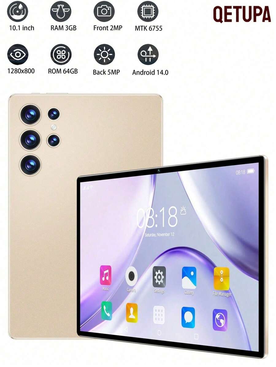 Qetupa 10.1英寸Z50安卓14平板电脑，3GB RAM + 64GB ROM，MTK 6755八核1.8GHz处理器，高清(1280x800) IPS触摸屏，支持蓝牙5.2和802.11ac WiFi 5，GPS，200万像素前置摄像头和500万像素后置摄像头，6000mAh大容量电池（不支持SIM卡）（不含适配器） - 金色 - 查看 1